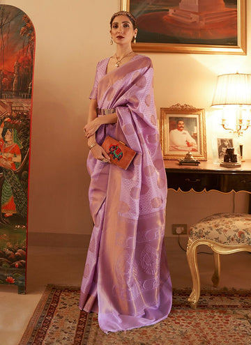 Lavender Copper Zari Handloom Weaving Work Saree Design